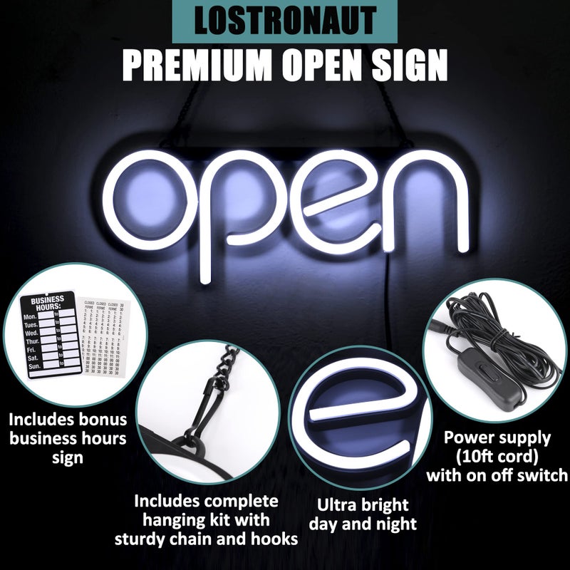 LOSTRONAUT LED Neon Open Sign Light. Perfect to Advertise Storefront, Business, Office, Shop and Restaurant. Ultra Bright White Designer Color. Custom Built, Elegant Window Display - Image 4